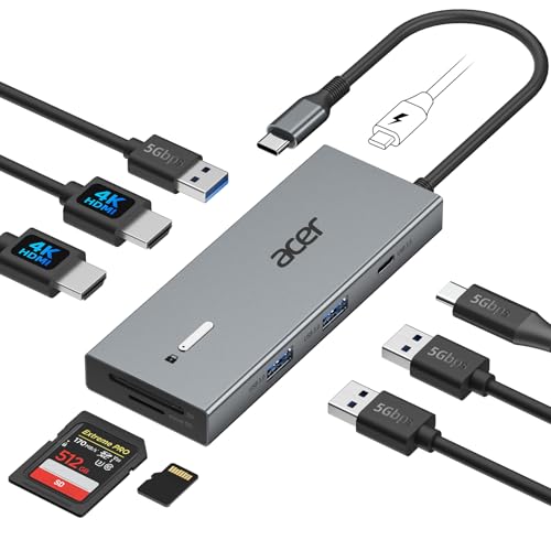 Acer USB C Docking Station Dual Monitor With 2 HDMI, 9-IN-1 Laptop Docking Station with 4K@60Hz HDMI, USB A&C 3.0, SD/Micro SD, 100W PD, USBC Dock Compatible with Acer/Dell XPS/HP/Mac/Surface (0.65FT) - size: 0.65FT