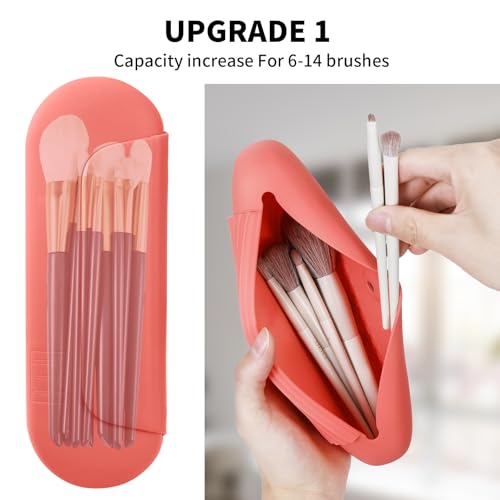 AGIKET Silicone Makeup Brush Holder Travel Cosmetic Bag：Soft Portable Cosmetic Face Brushes Holder with Upgrade Anti-Fall Out Magnetic Closure, Large Travel Makeup Brush Case - Guava - color: Guava, style: Brush Holder