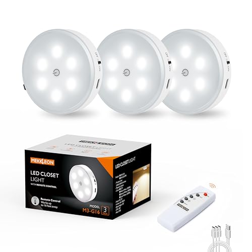 Puck Lights with Remote Control,1000mAh Rechargeable Under Cabinet Lighting,LED Closet Lights,3Pack Night Light,Cordless Stick On Lights for Under Cabinet,Hallway, Stairway,Closet (Cool White) - color: Cool White, size: 3PCS