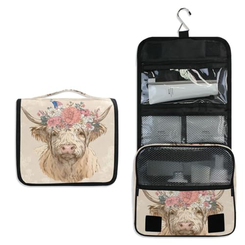 Retro Flower Highland Cow Hanging Toiletry Makeup Bag Travel Organizers Toiletries Cosmetics Bag for Women - color: Flower Highland Cow