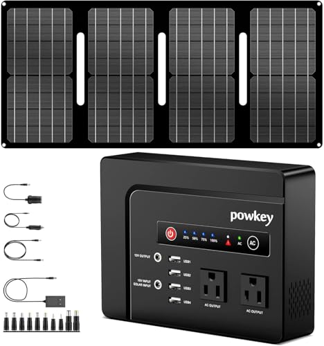 powkey 200W Portable Power Bank with Solar Panel 40W, 146Wh Power Bank with AC Outlet, High Eifficiency Waterproof Solar Panel Kit with Battery Bank for Outdoor Camping Home Backup - color: Black Grey