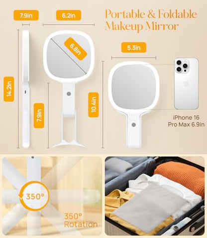 Gospire 6.8" Travel Vanity Mirror, 3-in-1 Hanging/Handheld/Desktop Use with Dual-Side Buttons, 1X/10X Magnification, 3-Color Dimmable LED, Auto Memory + Velvet Pouch (White) - color: White
