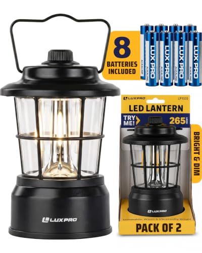 LUXPRO Retro LED Lantern - Battery-Powered Emergency Lantern - Water Resistant - Bright LED Lamp for Indoor & Outdoor Use - Use for Tents, Hiking or Hurricane Prep (Black, Pack of 2) - color: Black