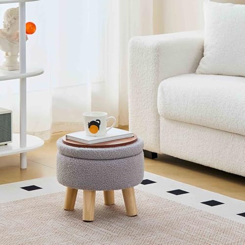 Wimarsbon Storage Ottoman, Modern Round Footrest with Soft Padded Seat, Teddy Velvet Footstool with Wood Legs, Accent Small Table or Plant Stand for Hallway, Living Room (Grey) - color: Grey