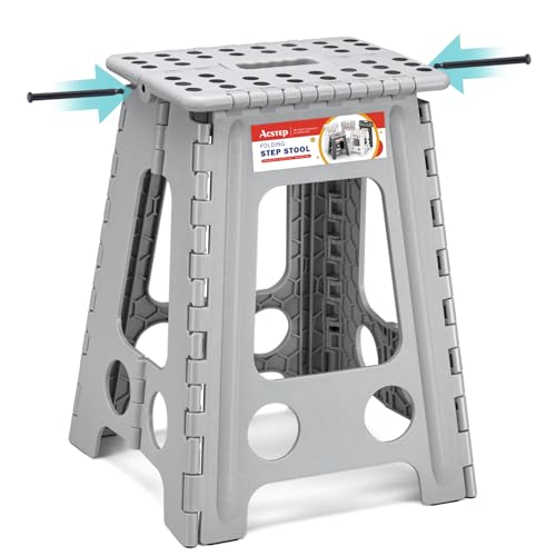 ACSTEP Folding Step Stool 17.5 Inch Heavy Duty Step Stool Foldable for Adults and Kids, Collapsible Stepping Stool with Handle, Non Slip Folding Stools for Kitchen Hold Up to 400lbs (Grey 1PC) - color: Gray, size: 17.5 Inch( Pack of 1)