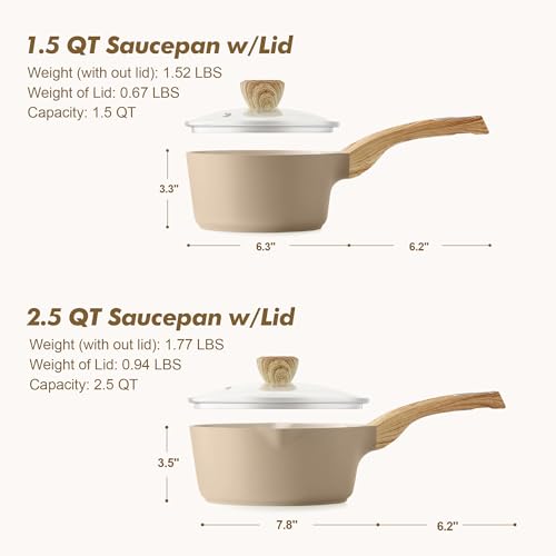 SENSARTE 1.5 & 2.5 Quart Ceramic Sauce Pan Sets with Lid, Cooking Pots Set, Nonstick Saucepan Set with Pour Spout, Small Kitchen Pot, Non toxic Saucepot, Induction Comptable, PFOA PTFE PFAS Free - color: Ceramic Taupe, size: 1.5 + 2.5 Quarts