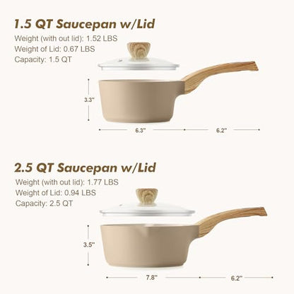 SENSARTE 1.5 & 2.5 Quart Ceramic Sauce Pan Sets with Lid, Cooking Pots Set, Nonstick Saucepan Set with Pour Spout, Small Kitchen Pot, Non toxic Saucepot, Induction Comptable, PFOA PTFE PFAS Free - color: Ceramic Taupe, size: 1.5 + 2.5 Quarts