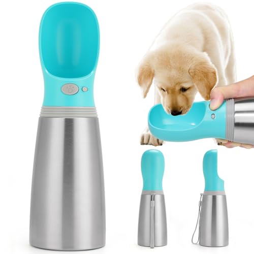 Portable Dog Water Bottle, 24 OZ, Stainless Steel Leak Proof Puppy Water Dispenser with Drinking Feeder for Pets Travel, Walking, Hiking and Outdoor Activities - size: 24 OZ - Blue, style: Button switch