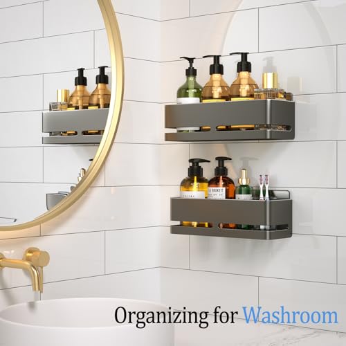 Shower Caddy 2-Pack Shower Shelf, Heavy-Duty Bathroom Storage Shelf | Large Capacity No-Drill Bathroom Organizer, Gray Aluminum Storage Basket, Adhesive Installation - size: Grey-2 layers