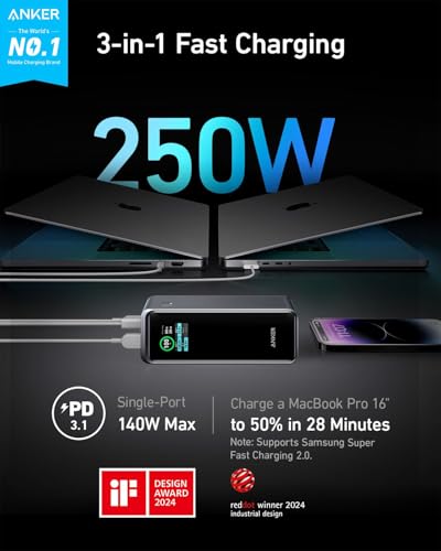 Anker Prime Power Bank, 27,650mAh 3-Port 250W Portable Charger for Travel, TSA-Approved, Smart App, for MacBook Pro/Air, iPhone 16/15/14 Series, Samsung, Laptops, and More (Charging Base Not Included)