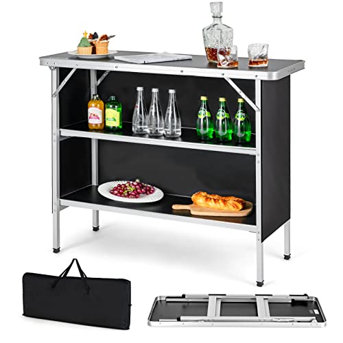 COSTWAY Folding Picnic Camping Table, Portable Lightweight Aluminum Table with Carry Bag, Food Prep Station with 2 Shelves, Quick Set-up, Outdoor Camping Table for BBQ, Party, Backyard (Black) - color: Black, size: 43.5"W x 34.5"H