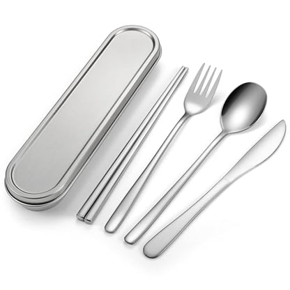 Travel cutlery set, 18/8 stainless steel cutlery, Reusable utensils set with case, Portable Silverware Lunch Box for Camping and Office (Stainless Steel) - color: Stainless Steel