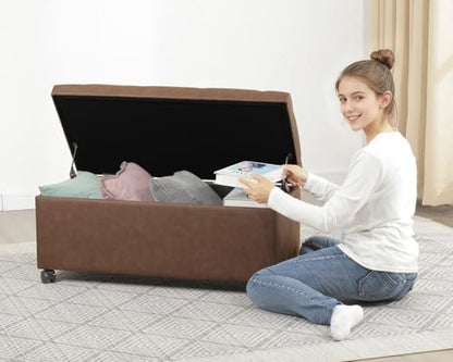 Joveco Storage Ottoman Bench 35" Faux-Leather Rectangular Tufted Ottomans Storage Room Organizer with Wheels(Matte Chocolate) - color: Matte Chocolate With Wheels