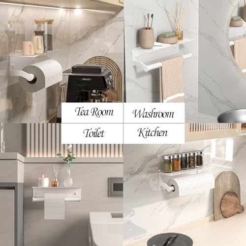 White Paper Towel Holder Wall Mount with Shelf for Bathroom, Matte White Adhesive Hand Towel Holder for Bathroom Kitchen RV - color: White General