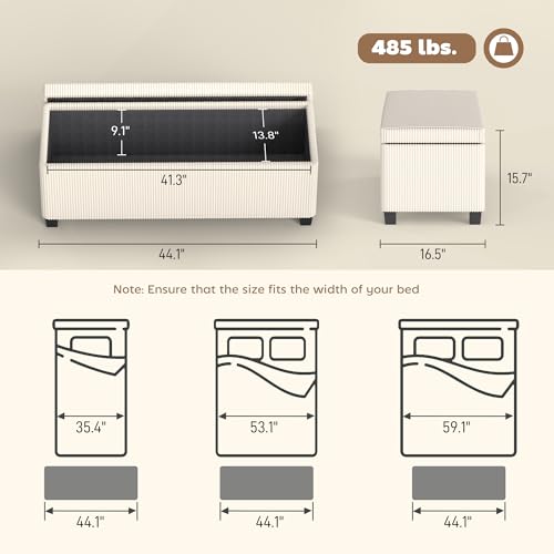 HOMCOM 44 Inches Storage Ottoman Bench, Foot Rest with Removable Lid, Legs, End of Bed Bench, Corduroy Storage Chest, Padded Seat, for Living Room, Bedroom, Entryway, Beige