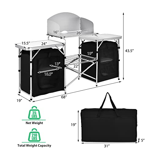 GYMAX Folding Camping Table, Portable Kitchen Table with 2 Zipper Organizer Shelf & Wind Screen, Foldable Cooking Table for Camping Hiking Picnic BBQ (Black) - color: Black