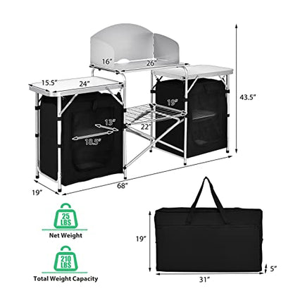 GYMAX Folding Camping Table, Portable Kitchen Table with 2 Zipper Organizer Shelf & Wind Screen, Foldable Cooking Table for Camping Hiking Picnic BBQ (Black) - color: Black
