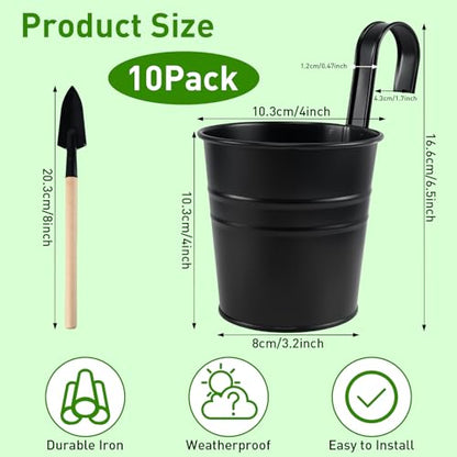 10 Pack Hanging Flower Pots Metal Iron Bucket Planter Railing Planter Flower Holder for Railing Fence Balcony Garden Home Decoration with Detachable Hooks,Black,4 Inches
