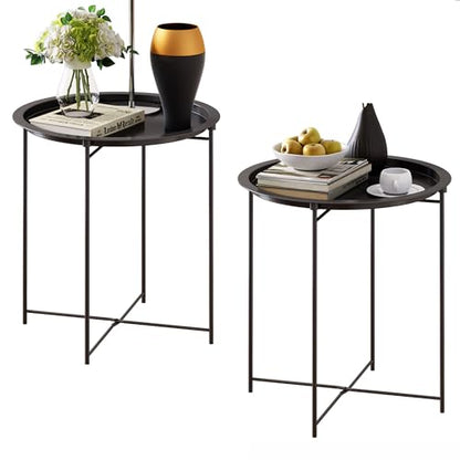 End Table Set of 2,Outdoor Side Table, Small Patio Round Folding Metal Black Side Tables for Outdoor,Living Room,Balcony and Office,Φ18.5" x 19.9"H，2 PCS - color: Black