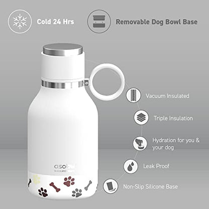 asobu Buddy Bottle, a Stainless Steel Insulated Water Bottle with Removable Dog Water Bowl and Dog Food and Treat Storage plate (White, 37 oz Water Bottle with 2 Bowls) - color: White