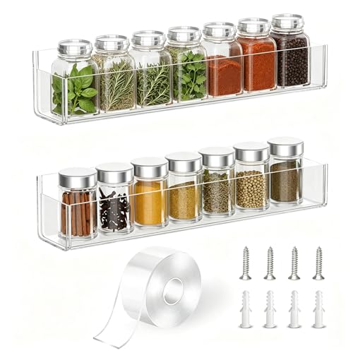 PMMASTO Adhesive Acrylic Spice Rack Organizer for Wall with Nano Double Sided Tape, Spice Shelf Organization for Kitchen Cabinet Door/Pantry Door, Wall Mount Seasoning Rack (Clear-2 Pack) - color: Clear, size: 2 Pack-12" (Rack Only)
