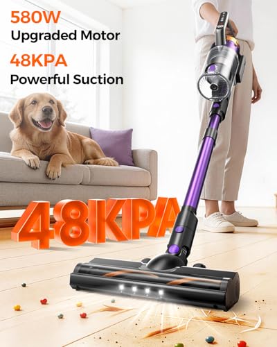 Cordless Vacuum Cleaner for Home, 580W/48KPa Powerful Suction, 65 Min Runtime, Lightweight Stick Vacuum with LED Screen & Wall Mount, Handheld Vacuum for Pet Hair, Carpet & Hard Floors
