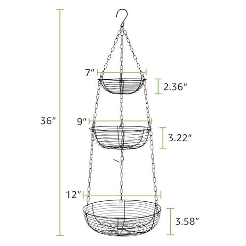 HULISEN 3 Tier Hanging Fruit Basket with Banana Hook, 36-Inch Heavy-Duty Wire Hanging Baskets for Kitchen Storage, Vegetable Produce Organizer (Including Installation Bracket)