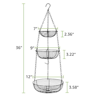 HULISEN 3 Tier Hanging Fruit Basket with Banana Hook, 36-Inch Heavy-Duty Wire Hanging Baskets for Kitchen Storage, Vegetable Produce Organizer (Including Installation Bracket)