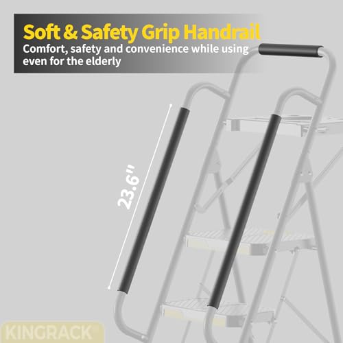 KINGRACK 5 Step Ladder, Sturdy Steel Step Stool with Anti-Slip Wide Pedals, Handrail, Safe-Lock Design, 800lbs Folding Portable Ladder for Multi-Purpose, Home, Kitchen - size: 5-Steps with tool tray