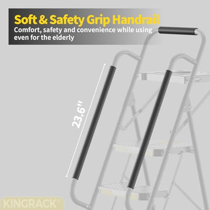 KINGRACK 5 Step Ladder, Sturdy Steel Step Stool with Anti-Slip Wide Pedals, Handrail, Safe-Lock Design, 800lbs Folding Portable Ladder for Multi-Purpose, Home, Kitchen - size: 5-Steps with tool tray