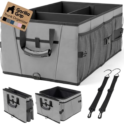 GORILLA GRIP Trunk Organizer for SUV and Cars, Large Capacity Collapsible Car Trunk Storage Organizer, Heavy Duty Car Accessories, Gifts for Mom and Dad, Slip & Water Resistant Multi Compartment Gray - color: Gray