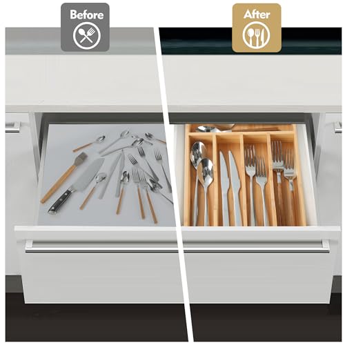 Upassion Bamboo Kitchen Drawer Organizer, 9 Inch Silverware Utensil Holder for Samll Drawer, Narrow Silverware Organizer for Cutlery Knives - size: 9 x 13 inch (5 Slots)