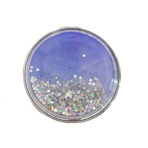 HSYHERE Super Beautiful Dreamy Star Sky Quicksand Moving Sand Small Mini Mirror Double-Sided Portable Compact Round Glitter Foldable Fashion Hand Makeup Portable Travel Pocket Mirror -Blue - color: Blue