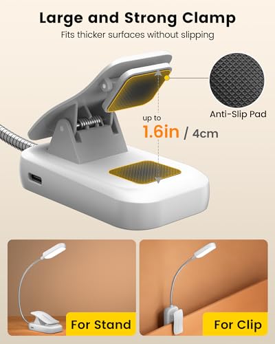 Glocusent 20 LED Reading Lights for Books in Bed, Eye Caring Reading Light, 5 Colors & 5 Brightness 3–100LM Dimmable, 1200mAh Rechargeable Book Light to 90H, Lightweight Clip on Light for Book Lovers - color: White