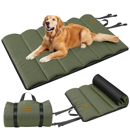 Gimars Upgraded Thickened Travel Dog Bed with Waterproof Film, Easy to Roll Up with Buckle, Large Outdoor Pet Bed for Medium & Large Dog, Portable, Washable Bed Mat for Camping,Traveling - color: Green, size: 43.3"L x 26.4"W x 1"Th