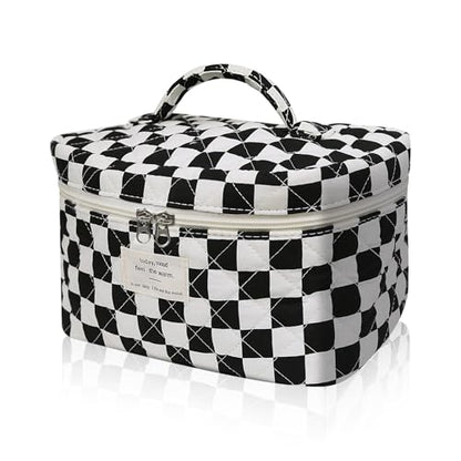 Gosect Large Makeup Bag, Cute Cosmetic Bag for Women Girls, Floral Coquette Aesthetic Toiletry Bag, Travel Make Up Organizer Bag (Black Checkered) - color: 079Black Checkered