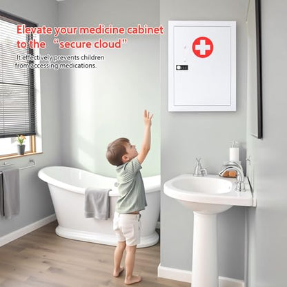 Locking Medicine Cabinet Wall-Mount: Storage Cabinet with Combination Lock & Key - White Metal First Aid Kits for Family Safety and Childproofing - color: Frosted White