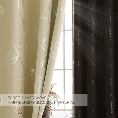BUHUA Christmas Beige Blackout Curtains 84 Inches Long, Darkening Curtains for Bedroom Window Curtain Panels with Leaf Pattern (52 x 84 Inch,Beige,2 Panels) - color: Silver Leaf /Beige, size: 52"W x 84"L (Pack of 2)