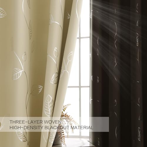 BUHUA Black Out Curtains 95 Inch Long 2 Panels, Soundproof Curtains with Elegant Silver Leaf Print, Heat Blocking Curtains for Livingroom, 52W x 95L, Beige - color: Silver Leaf /Beige, size: 52"W x 95"L (Pack of 2)