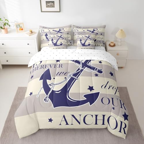Erosebridal Nautical Anchor 7 Piece Comforter Set King Bed in a Bag,Blue and White Bedding Set for Kids Boys Teens,Farmhouse Geometric Striped Duvet Insert,Coastal Mediterranean Down Comforter - color: Blue White, size: King