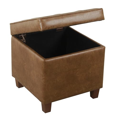 HomePop Square Tufted Storage Ottoman - Distressed Brown Faux Leather Small - color: Light Brown