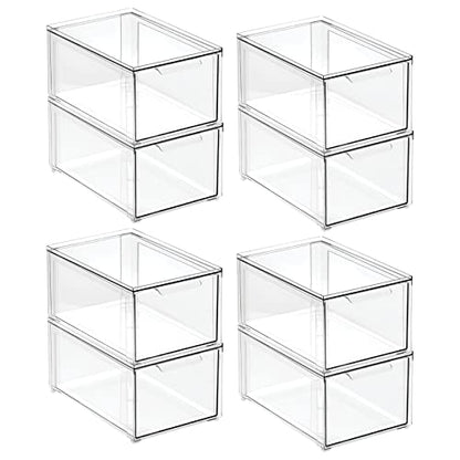 mDesign Plastic Stackable Bathroom Storage Organizer Bin with Pull Out Drawer for Cabinet, Vanity, Shelf, Cupboard, Cabinet, or Closet Organization - Lumiere Collection - 8 Pack - Clear - size: 8 x 12 x 6 (Pack of 8)