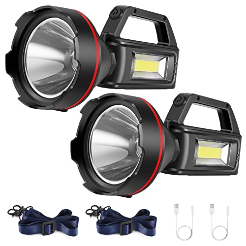 Rechargeable Spotlight Flashlight, High Lumens Handheld Spotlight,LED Searchlight with Shoulder Strap and USB Output for During Hurricane,Emergency, Storms,Hunting , Hiking, Camping(Black Pack of 2) - color: Black2