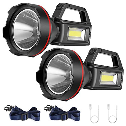 Rechargeable Spotlight Flashlight, High Lumens Handheld Spotlight,LED Searchlight with Shoulder Strap and USB Output for During Hurricane,Emergency, Storms,Hunting , Hiking, Camping(Black Pack of 2) - color: Black2
