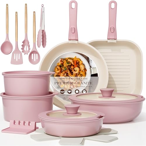 Astercook 23 Pcs Pots and Pans Set Non Stick, Ceramic Cookware Set Detachable Handle, RV Kitchen Cooking Set Removable Handles, Oven Safe, Induction Ready, Stackable, Pink, Mothers Day Gifts - color: Pink, size: 23 Piece