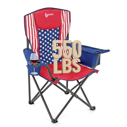 ARROWHEAD OUTDOOR Portable Deluxe Folding Camp Quad Chair w/Headrest, Glass & Cup Holders, Armest 6-can Cooler, Heavy Duty Carry Bag, 550 lbs Weight Capacity - color: Us Flag