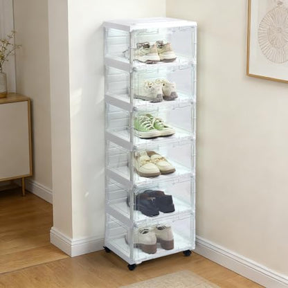 SAYMA LED Shoe Storage Box, Clear Shoe Storage Organizer with Magnetic Door, Stackable Plastic Shoe Cabinet with Wheels, Foldable Shoe Rack for Closet, Easy Assembly Shoe Cabinet for Entryway - size: 6 Tiers with Light