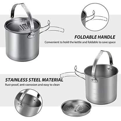 Lixada 5PCS Camping Cookware Set Stainless Steel 1.2L Camping Pot with 2 Cups & 2 Bowls, Lightweight Portable Backpacking Pot with Foldable Handles & Lid for Outdoor Cooking Hiking Picnic