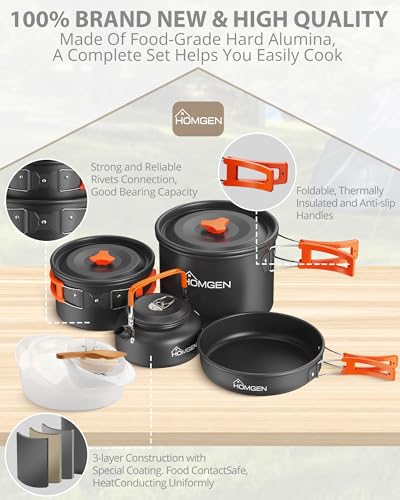 HOMGEN Portable Ultralight Anodized Aluminum Camping Cookware Set - Nesting Camping Pot and Pan-800ml Insulated Teapot-Carrying Bag-for Camping Hiking Picnic RV Trip - size: For 4 People