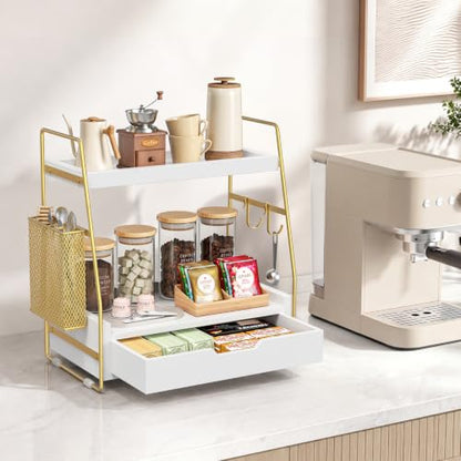 2-Tier Bathroom Counter Organizer with Drawer and Basket, Wood Vanity Countertop Storage for Perfume, Makeup, Skincare, Bathroom Counter Shelf, 13" x 7.9" x 14.5", White Gold - color: White Gold